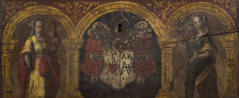 A Renaissance Wrought-Iron Mounted Painted Oak Chest Panel  - 2