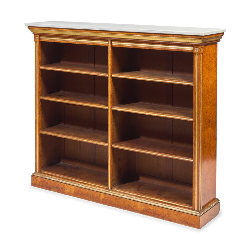 A Louis XVI Style Plum-Pudding Mahogany (Acajou Moucheté), Parcel-Gilt and Marble-Top Bookcase - 2