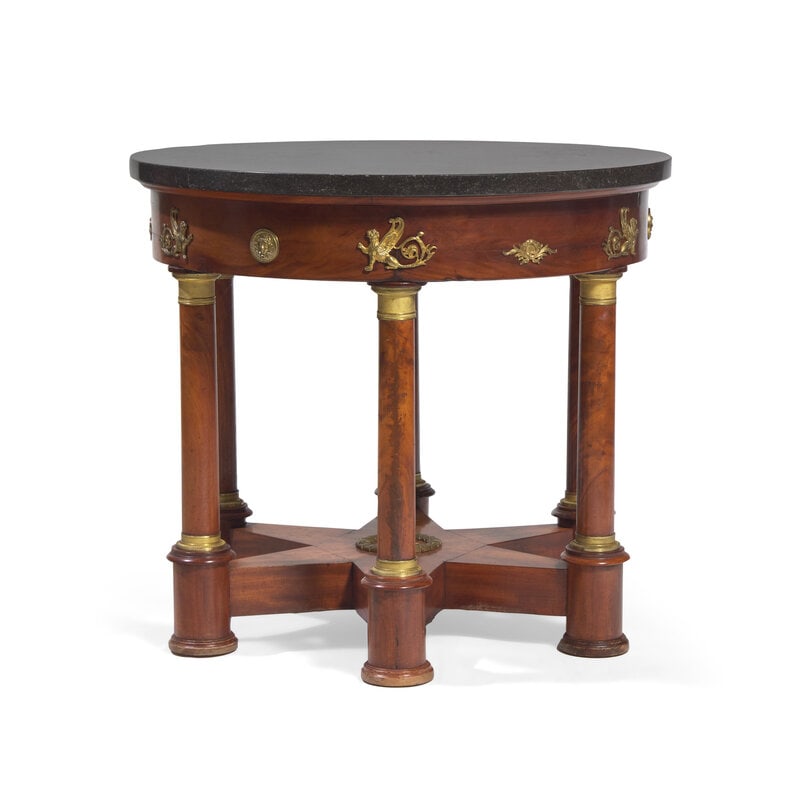 An Empire Flame Mahogany, Gilt-Metal Mounted and Marble-Top Center Table (1 of 5)