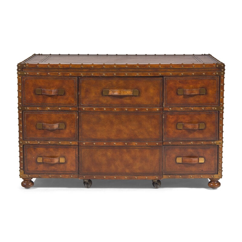 A Leather and Brass Studded Campaign-Chest Form Desk and Chair Set - 2