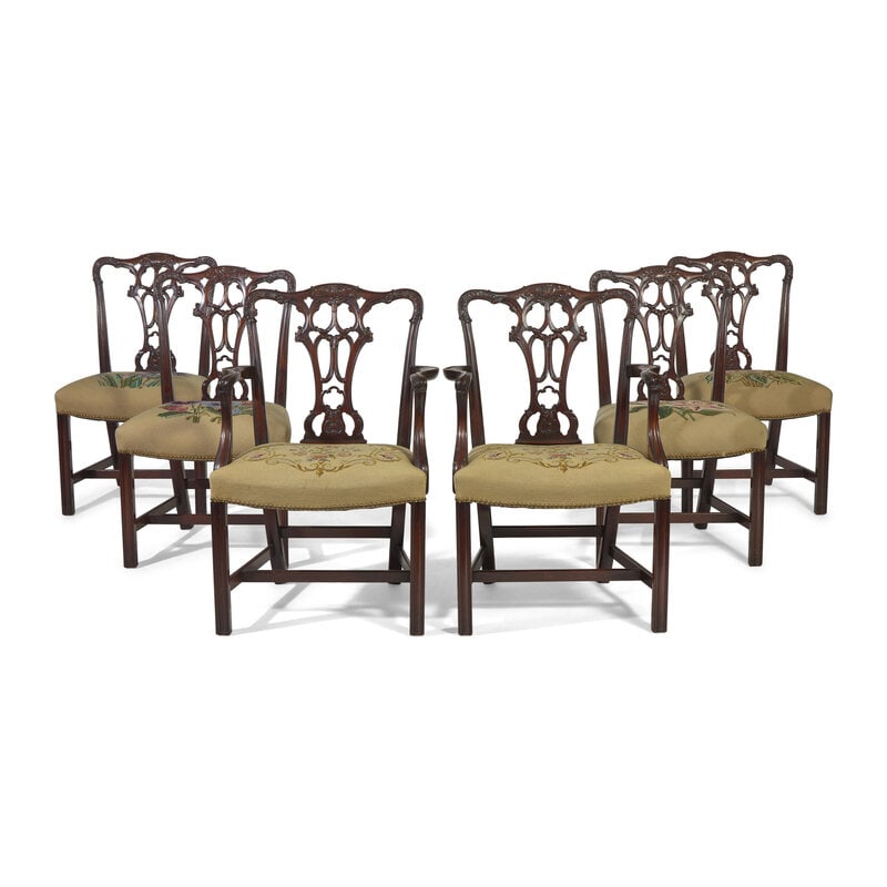 A Set of Six George III Style Mahogany Dining Chairs: A Set of Six George III Style Mahogany Dining Chairs 20th Century Comprising two armchairs and four sidechairs; each with leaf-tip carved serpentine crest rail over pierced splat, gros and petit-point