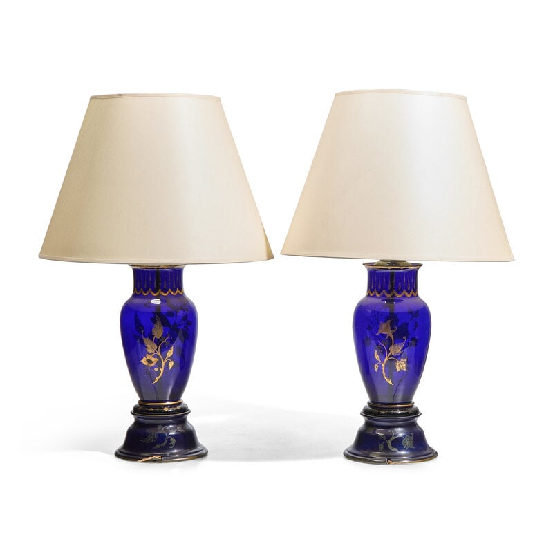 A Pair of Bohemian Parcel-Gilt Cobalt-Blue Glass Butterfly Decorated Vases, Now Mounted as Lamps - 2