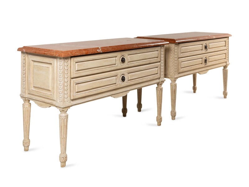 A Pair of Louis XVI Style Gray-Painted Marble-Top Bedside Tables - 2