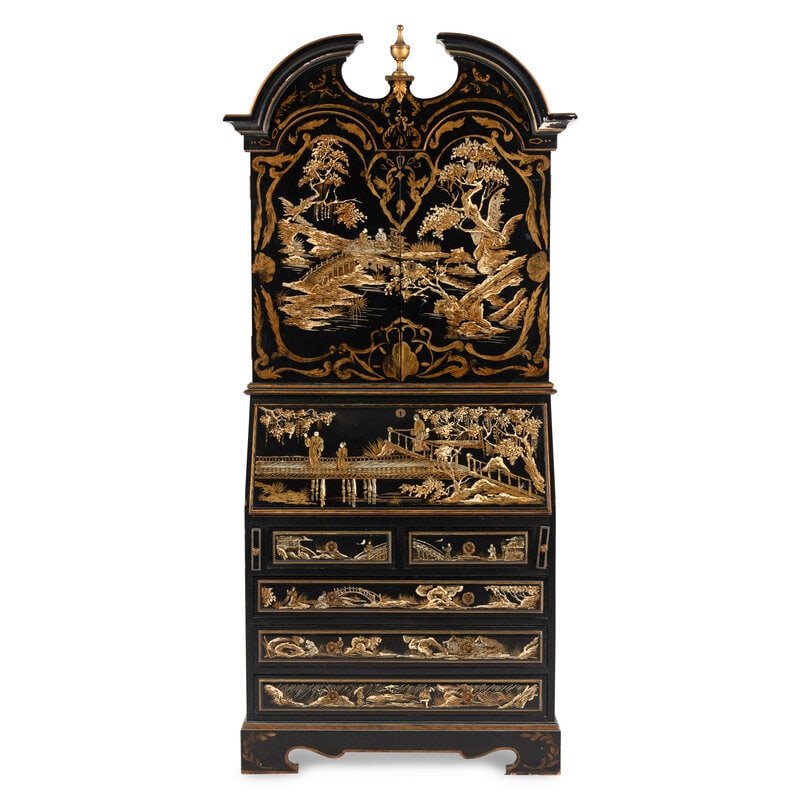 A Georgian Style Black and Gilt-Japanned Bureau Cabinet: A Georgian Style Black and Gilt-Japanned Bureau Cabinet 20th Century Height 82 3/4 x width 39 1/2 x depth 18 1/2 inches. This lot is located in Chicago.