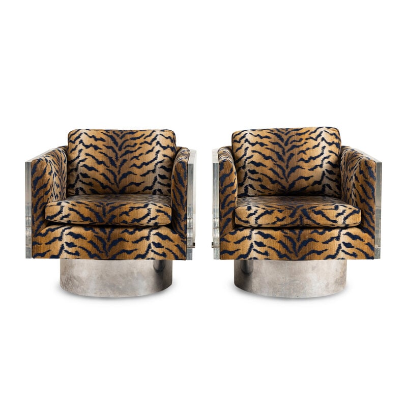 A Pair of Acrylic Swiveling Armchairs: A Pair of Acrylic Swiveling Armchairs Height 24 (to top of acrylic) x width 27 1/2 x depth 28 inches. This lot is located in Chicago. 