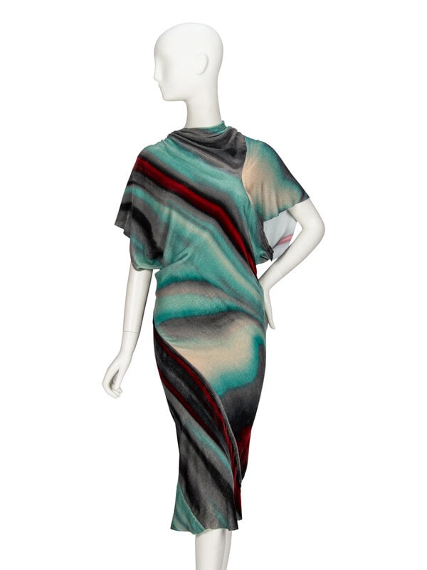 RICK OWENS, DRAPED VELVET DRESS: RICK OWENS, DRAPED VELVET DRESS Asymmetrically draped dress in multicolor viscose/silk-blend velvet. Cowl neckline. Short draped flutter sleeves. Spiral seam around body; partially bias cut. Knee leng