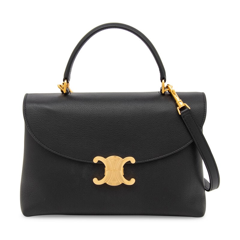 CELINE, MEDIUM BLACK NINO BAG: CELINE, MEDIUM BLACK NINO BAG Medium Nino bag in black grained leather with gold-tone hardware. Push-lock latch closure, leather handle, and removable leather shoulder strap. Label: Celine Style/Seria