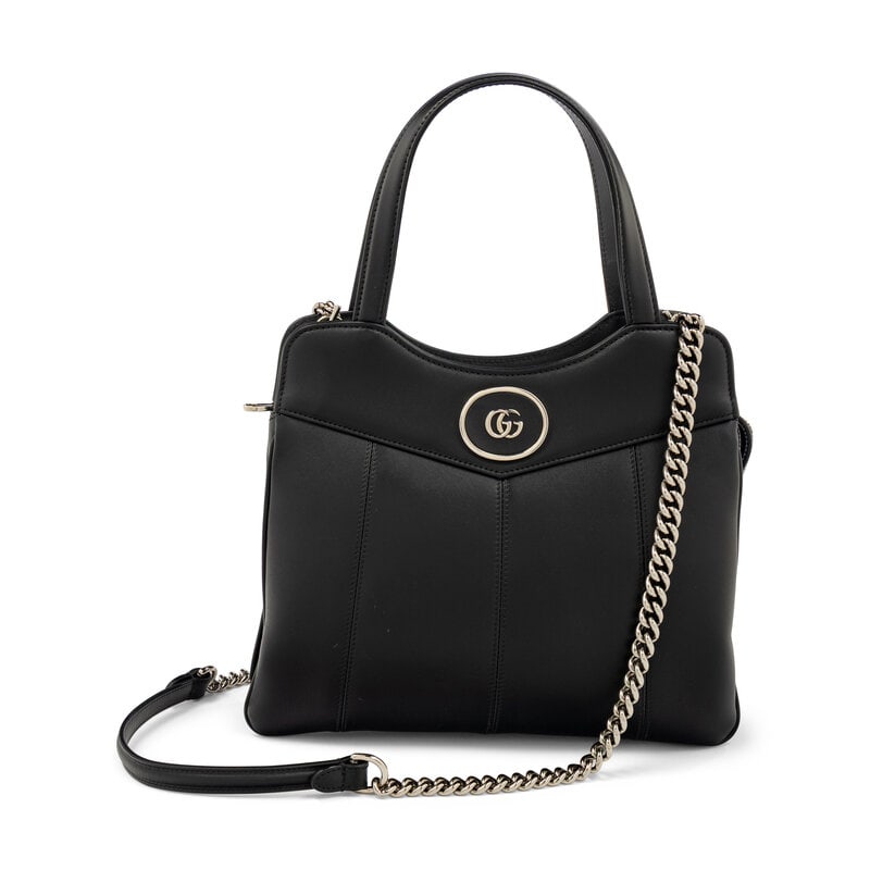 GUCCI, BLACK LEATHER GG TOTE: GUCCI, BLACK LEATHER GG TOTE Tote bag in smooth black calfskin leather. Zipper closure, flat handles, and removable metal chain & leather strap. Label: Gucci Style/Serial No.: 745918-520981 Date