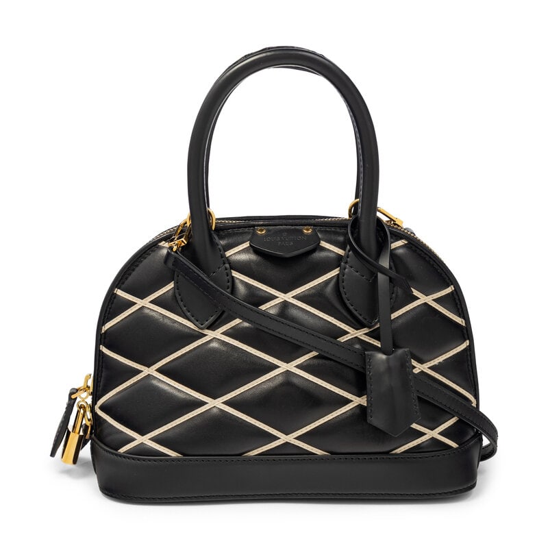 LOUIS VUITTON, QUILTED ALMA BB BAG: LOUIS VUITTON, QUILTED ALMA BB BAG Alma BB bag in black lambskin leather with Mattelage contrast quilting. Locking double zipper closure, rolled leather handles, and removable flat leather shoulder