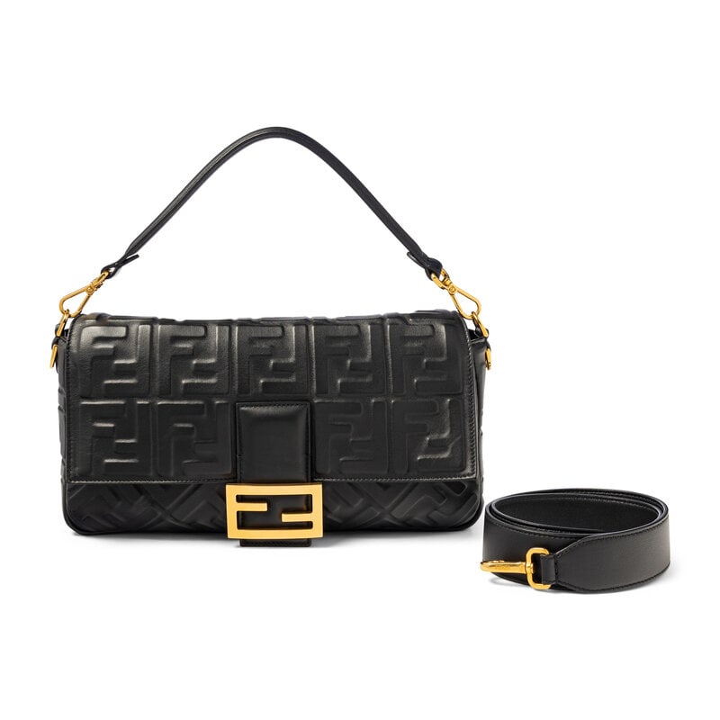 FENDI, LARGE BAGUETTE IN MONOGRAM EMBOSSED LEATHER: FENDI, LARGE BAGUETTE IN MONOGRAM EMBOSSED LEATHER Large Baguette bag in black FF monogram-embossed lambskin leather. Magnetic snap closure, removable padded leather handle, and removable flat