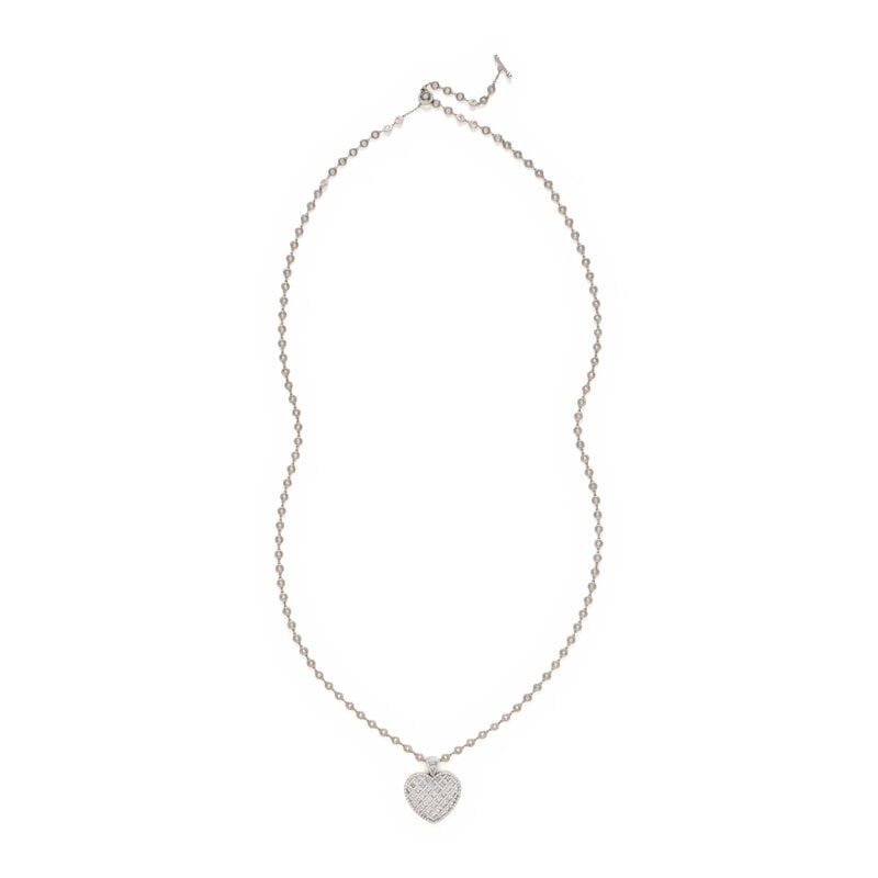 DIAMOND HEART PENDANT NECKLACE: DIAMOND HEART PENDANT NECKLACE The pendant set with round and baguette cut diamonds weighing approximately 5.50 - 6.00 carats total, and the chain set with round diamonds weighing approximately 8.50