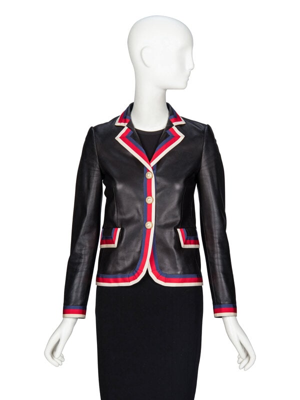 GUCCI, EMBELLISHED LEATHER "BLIND FOR LOVE" BLAZER: GUCCI, EMBELLISHED LEATHER "BLIND FOR LOVE" BLAZER As seen in runway look #85 of the 2017 Resort collection by Alessandro Michele for Gucci. Tailored blazer in black lambskin leather. Features