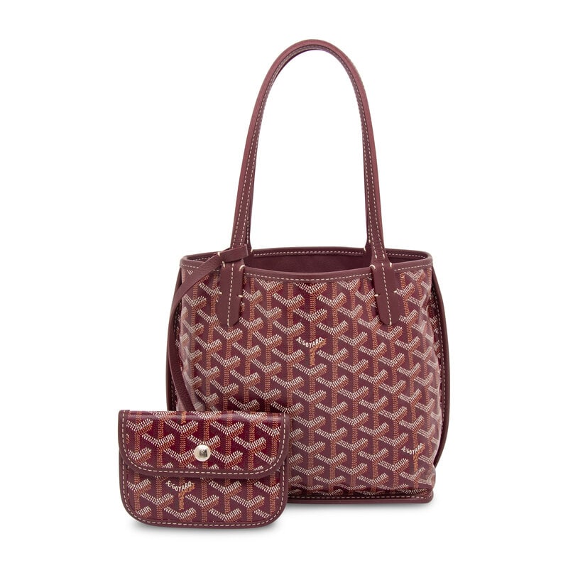 GOYARD, BURGUNDY GOYARDINE MINI TOTE: GOYARD, BURGUNDY GOYARDINE MINI TOTE Mini tote bag in painted burgundy Goyardine coated canvas with burgundy leather trim. Open top and flat leather straps. Label: Goyard Date: 2010's-2020's