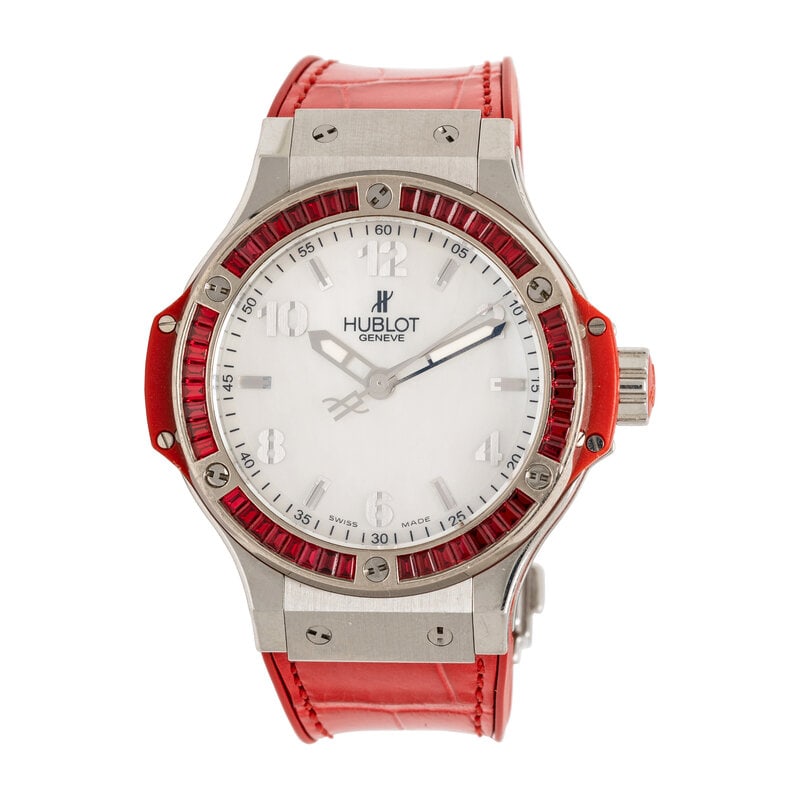 HUBLOT, 'BIG BANG TUTTI FRUTTI' WATCH WITH SPINEL BEZEL AND MOTHER-OF-PEARL DIAL: HUBLOT, 'BIG BANG TUTTI FRUTTI' WATCH WITH SPINEL BEZEL AND MOTHER-OF-PEARL DIAL Maker: Hublot Model: Big Bang Tutti Frutti Case number: 36181065 Year: Circa 2000s-2010s Case size: Approx. 37 mm