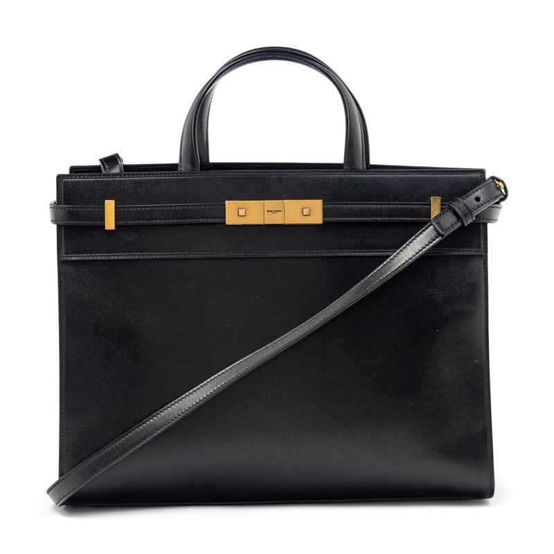 SAINT LAURENT, BLACK LEATHER MANHATTAN BAG: SAINT LAURENT, BLACK LEATHER MANHATTAN BAG Manhattan bag in smooth black leather. Flat leather handles and removable flat leather shoulder strap. Label: Saint Laurent Style/Serial No.: