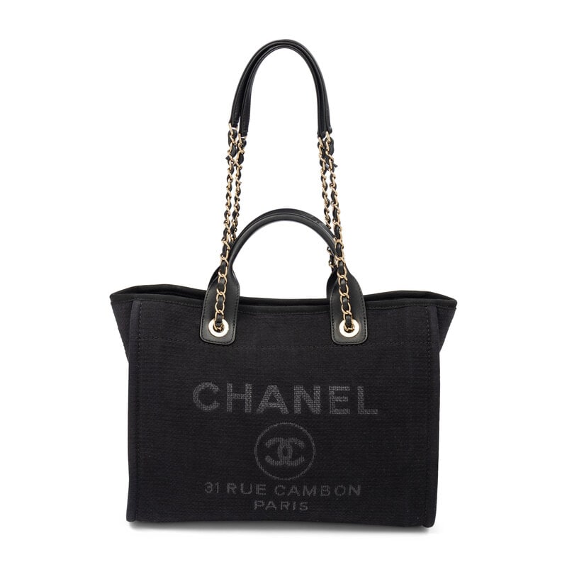 CHANEL, BLACK CAMBON SHOPPING BAG: CHANEL, BLACK CAMBON SHOPPING BAG Large Cambon Shopping Bag in black cotton jacquard with gold-tone hardware. Magnetic snap closure, rolled leather handles, and interwoven leather-metal chain