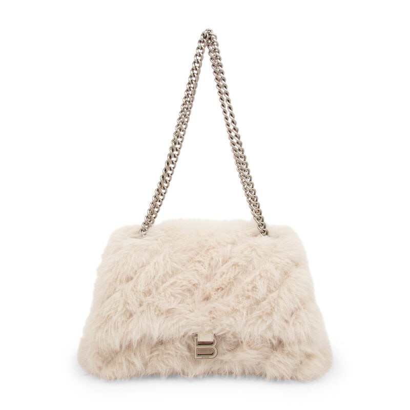 BALENCIAGA, FAUX FUR CRUSH BAG: BALENCIAGA, FAUX FUR CRUSH BAG Medium Crush bag in off-white faux fur with silver-tone hardware. Magnetic snap closure and metal chain strap. Label: Balenciaga Style/Serial No.: