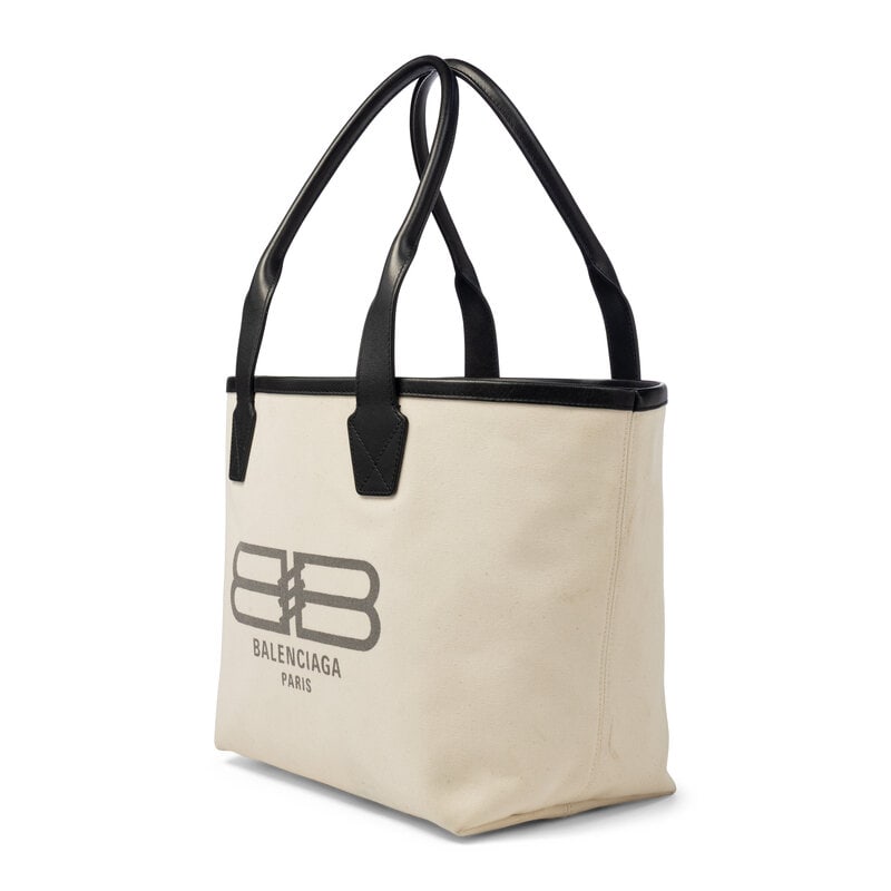 BALENCIAGA, WHITE CANVAS LOGO TOTE - 2