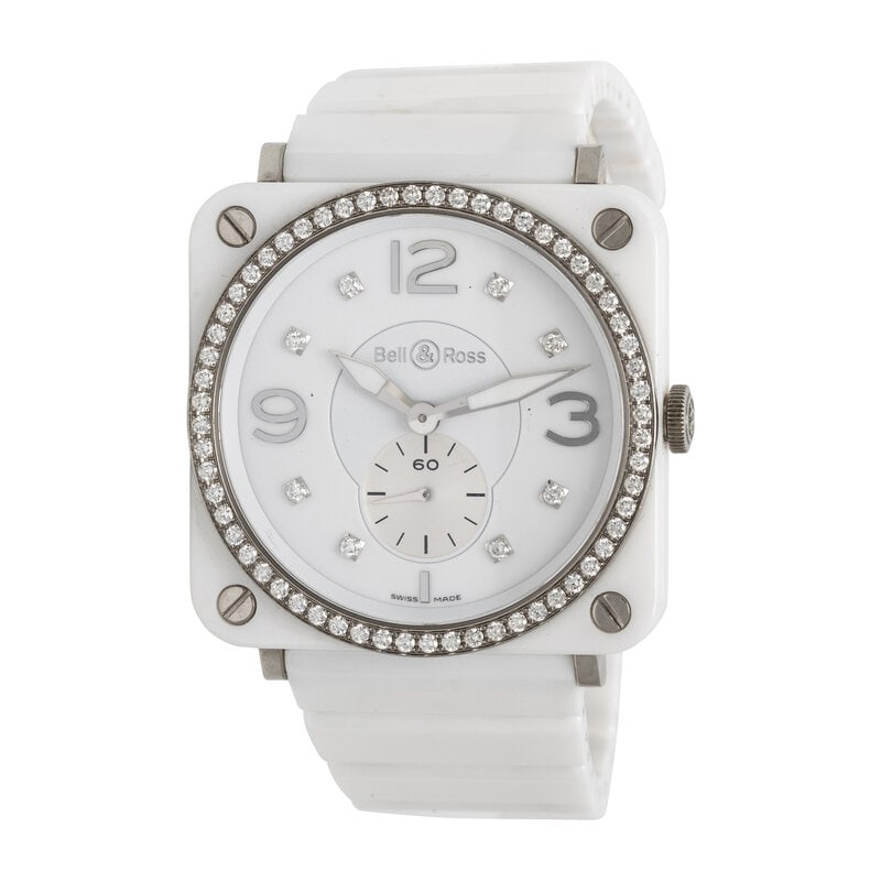 BELL & ROSS, 'BR-S' CERAMIC WATCH WITH DIAMONDS: BELL & ROSS, 'BR-S' CERAMIC WATCH WITH DIAMONDS Maker: Bell & Ross Model: BR-S Reference number: BRS-98-PWCD Case number: 00629 Case size: Approx. 39 mm Case material: White ceramic and