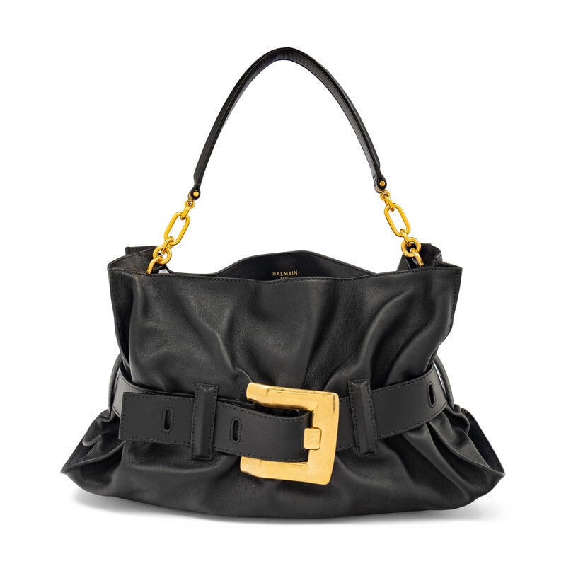 BALMAIN, BLACK ANTHEM SHOULDER BAG: BALMAIN, BLACK ANTHEM SHOULDER BAG Anthem shoulder bag in black calfskin leather with adjustable buckled belt detail at exterior. Magnetic snap closures and leather shoulder strap. Label: Balmain