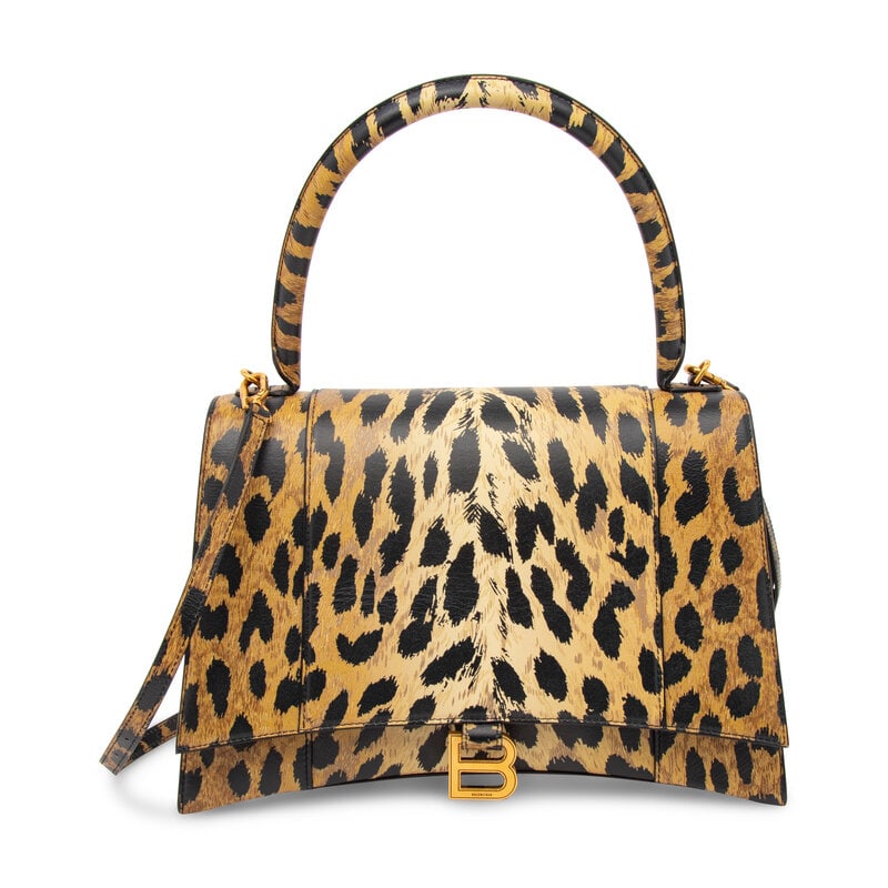 BALENCIAGA, LEOPARD-PRINT HOURGLASS BAG: BALENCIAGA, LEOPARD-PRINT HOURGLASS BAG Large Hourglass bag in leopard-print smooth leather. Magnetic snap closure, rolled leather handle, and removable flat leather shoulder strap. Label: