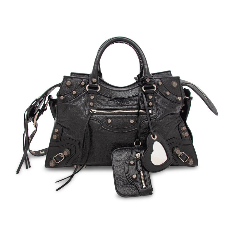 BALENCIAGA, BLACK NEO CAGOLE CITY BAG: BALENCIAGA, BLACK NEO CAGOLE CITY BAG Neo Cagole City Bag int black glossy aged lambskin leather. Double zipper closure, rolled handles with leather whipstitching, and removable & adjustable