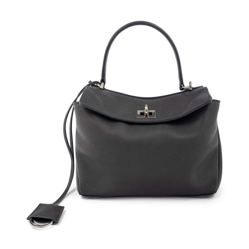 BALENCIAGA, GREY MINI RODEO BAG: BALENCIAGA, GREY MINI RODEO BAG Mini Rodeo bag in grey calfskin leather . Turn-lock closure, flat leather handle, and removable flat leather shoulder/crossbody strap. Label: Balenciaga