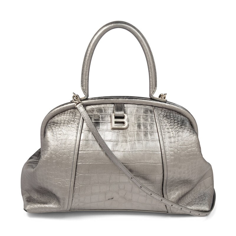 BALENCIAGA, FRAME BAG IN SILVER CROC-EMBOSSED LEATHER: BALENCIAGA, FRAME BAG IN SILVER CROC-EMBOSSED LEATHER Large Frame bag in silver croc-embossed leather. Magnetic frame-top closure, rolled leather handle, and removable flat leather shoulder strap. 