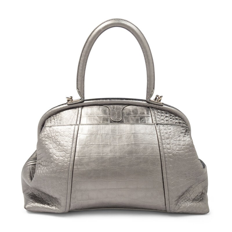 BALENCIAGA, FRAME BAG IN SILVER CROC-EMBOSSED LEATHER - 3