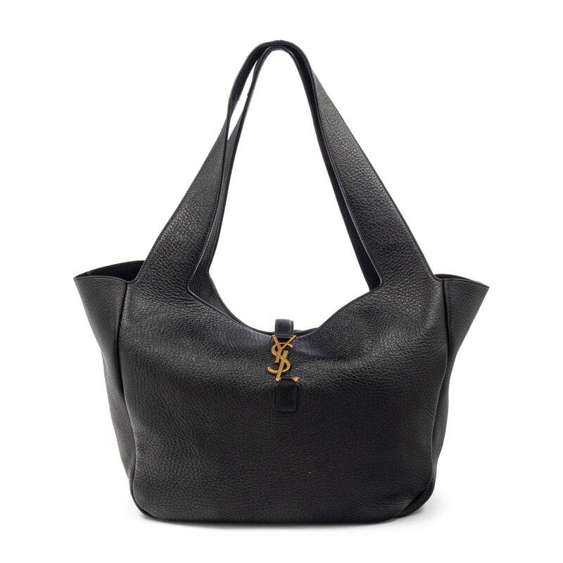 SAINT LAURENT, MEDIUM LEATHER SHOPPING TOTE: SAINT LAURENT, MEDIUM LEATHER SHOPPING TOTE Medium "Sac Le 5a7" shopping tote bag in black grained leather. YSL top latch & loop closure and incorporated flat leather straps. Label: Saint Laurent