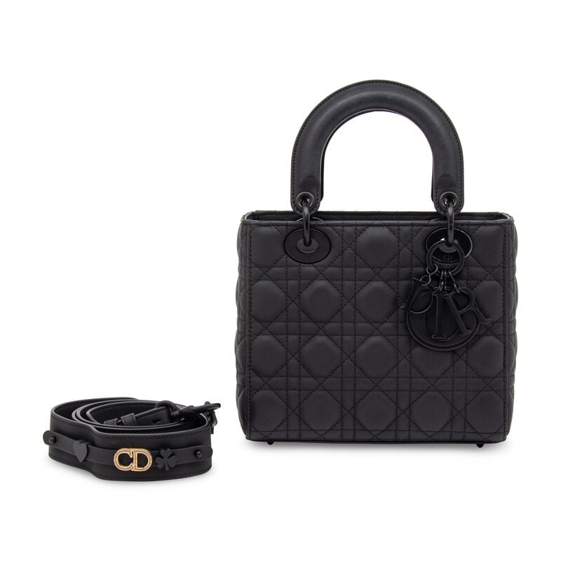 CHRISTIAN DIOR, MATTE ALL-BLACK SMALL LADY DIOR: CHRISTIAN DIOR, MATTE ALL-BLACK SMALL LADY DIOR Small Lady Dior bag in cannage-quilted matte black lambskin leather. With matte black hardware. Top flap closure, leather handles, and removable flat le
