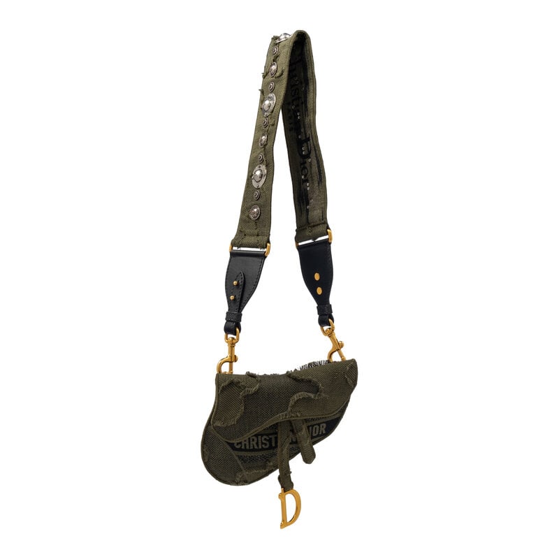 CHRISTIAN DIOR, MINI SADDLE BAG IN ARMY GREEN CANVAS: CHRISTIAN DIOR, MINI SADDLE BAG IN ARMY GREEN CANVAS Mini Saddle bag in army green fringed jacquard canvas. Magnetic snap closure and wide embellished canvas & leather strap. Label: Christian Dior