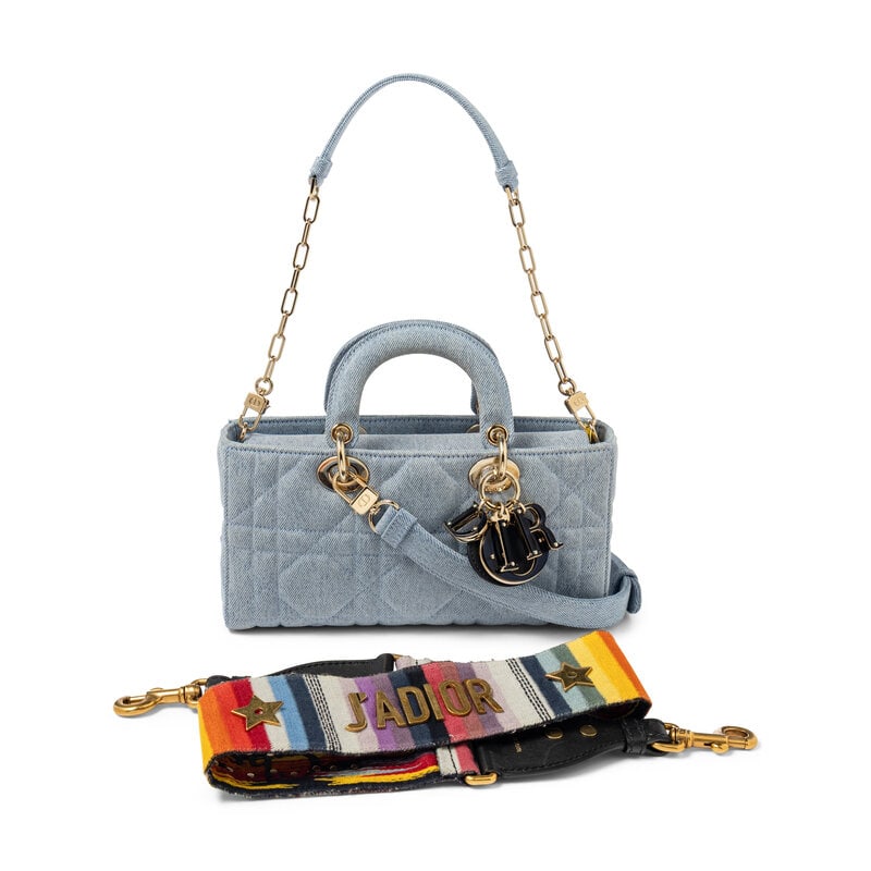 CHRISTIAN DIOR, DENIM LADY D-JOY BAG: CHRISTIAN DIOR, DENIM LADY D-JOY BAG Lady D-Joy bag in Macrocannage-quilted light-wash denim. Magnetic snap closures, rolled denim handles, and removable flat denim strap. Label: Christian Dior