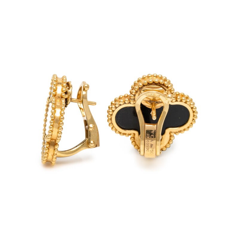 VAN CLEEF & ARPELS, ONYX AND YELLOW GOLD 'ALHAMBRA' EARRINGS - 2