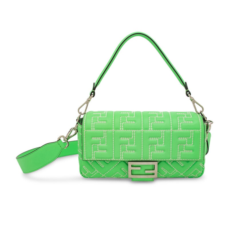 FENDI, MINT GREEN QUILTED LEATHER BAGUETTE: FENDI, MINT GREEN QUILTED LEATHER BAGUETTE Baguette bag in mint green nappa leather with contrasting-thread FF monogram quilting. Magnetic snap closure and flat leather strap & handle. Label: