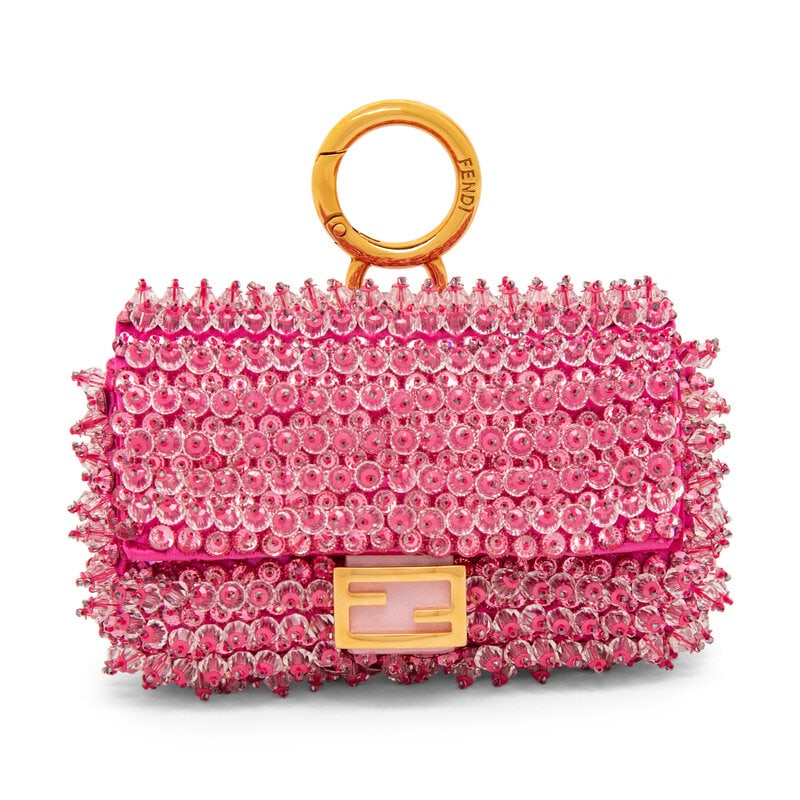 FENDI, BEADED PINK NANO BAGUETTE BAG: FENDI, BEADED PINK NANO BAGUETTE BAG Miniature Nano Baguette bag in hot pink satin with all-over bead embellishing. Snap closure, removable chain strap, and keyring at back. Label: Fendi