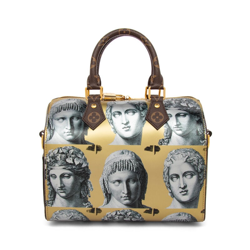 LOUIS VUITTON x FORNASETTI, LIMITED EDITION SPEEDY BANDOULIÈRE 25: LOUIS VUITTON x FORNASETTI, LIMITED EDITION SPEEDY BANDOULIÈRE 25 From a limited edition collaboration between Louis Vuitton and Fornasetti. Speedy Bandoulière 25 bag in metallic gold