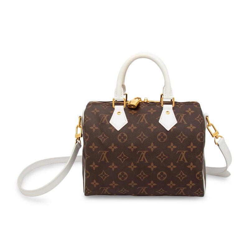 LOUIS VUITTON, MONOGRAM SPEEDY 25 BANDOULIÈRE: LOUIS VUITTON, MONOGRAM SPEEDY 25 BANDOULIÈRE Speedy 25 Bandoulière bag in monogram coated canvas with white leather trim. Double zipper closure, rolled leather handles, and removable