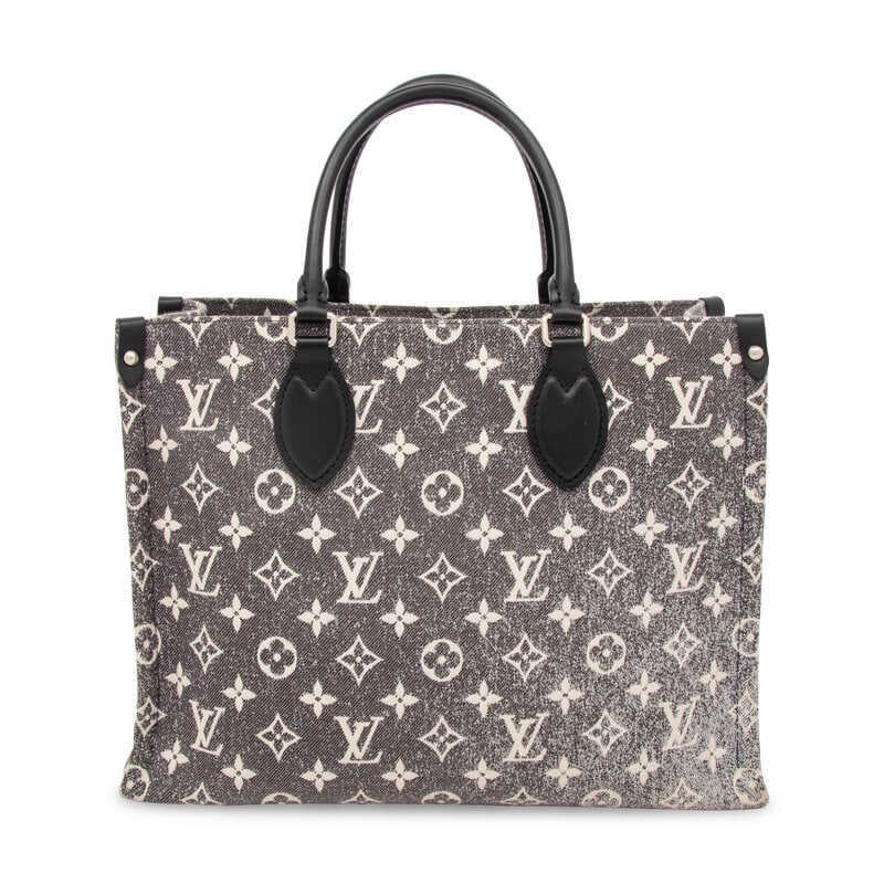 LOUIS VUITTON, ONTHEGO MONOGRAM JACQUARD TOTE: LOUIS VUITTON, ONTHEGO MONOGRAM JACQUARD TOTE OnTheGo MM tote bag in grey monogram jacquard denim. Latch closure at interior, rolled leather handles, and flat retractable leather straps. Label: