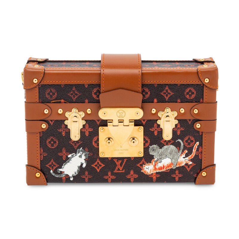 LOUIS VUITTON, 'CATOGRAM' PETITE MALLE BAG: LOUIS VUITTON, 'CATOGRAM' PETITE MALLE BAG 'Catogram' Petit Malle bag in coated monogram canvas with cat & dog painted illustrations, brown leather trim, and gold-tone hardware. Push-lock clasp
