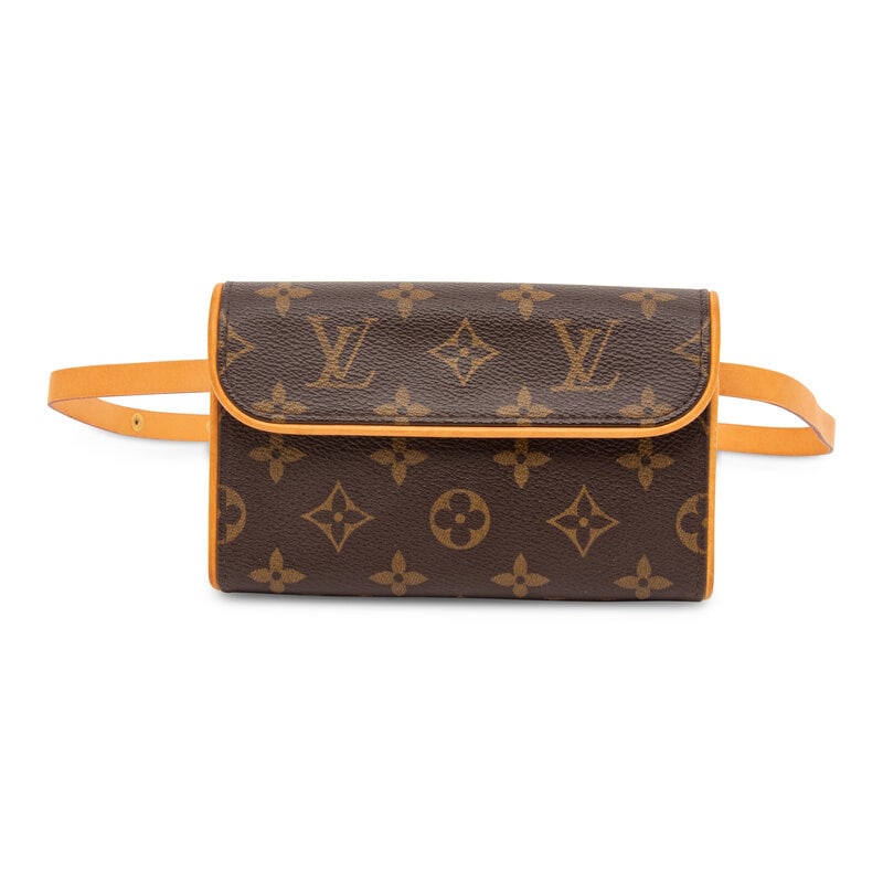 LOUIS VUITTON, MONOGRAM FLORENTINE POCHETTE BELT BAG: LOUIS VUITTON, MONOGRAM FLORENTINE POCHETTE BELT BAG Florentine Pochette belt bag in monogram coated canvas with vachetta leather trim. Removable flat leather belt with adjustable snap closures. 