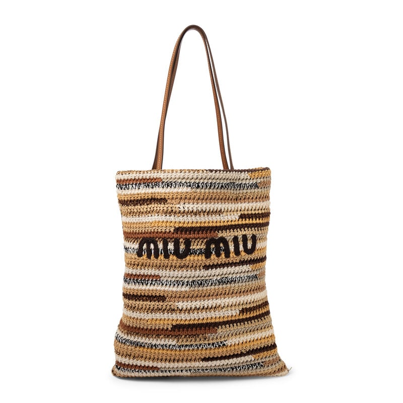 MIU MIU, STRIPED CROCHETED TOTE BAG: MIU MIU, STRIPED CROCHETED TOTE BAG Shopping tote bag in tonal striped brown crocheted cotton yarn with embroidered logo at one side. Open top and flat leather straps. Label: Miu Miu Style/Serial No.: