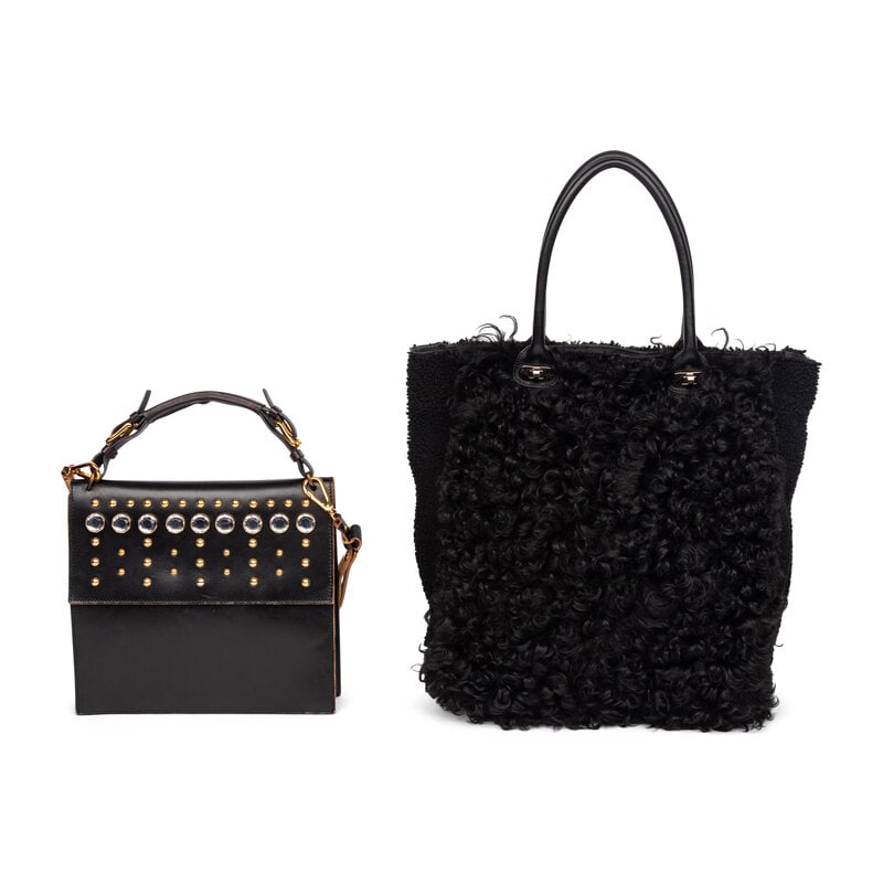 MARNI, TWO BLACK BAGS: MARNI, TWO BLACK BAGS THE FIRST Flap bag in smooth black leather with gold metal stud & rhinestone embellishments at flap. Magnetic snap closure, padded leather handle, and removable flat leather