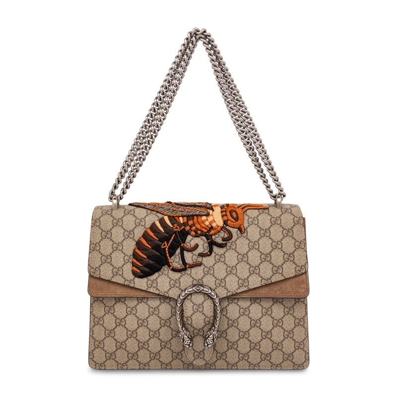 GUCCI, BEE-EMBROIDERED DIONYSUS BAG: GUCCI, BEE-EMBROIDERED DIONYSUS BAG Dionysus bag in GG monogram coated canvas with taupe suede trim and a large bee embroidery at flap. Push-lock closure and metal chain strap. Label: Gucci