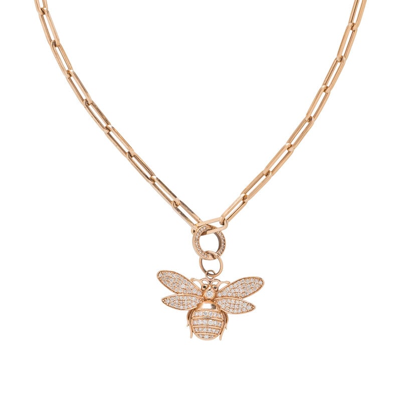 ROSE GOLD AND DIAMOND BEE PENDANT NECKLACE: ROSE GOLD AND DIAMOND BEE PENDANT NECKLACE Pavé-set round diamonds weighing approximately 0.60 carat total, and round black diamond eyes. 14 karat rose gold paperclip links. Chain: 21 1/2 inches