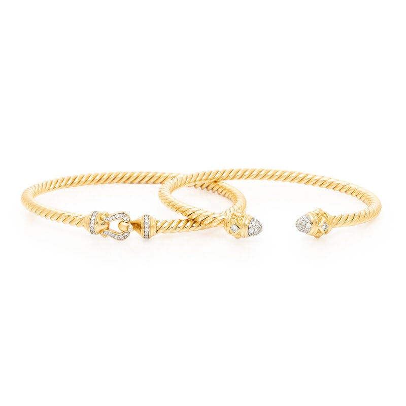 DAVID YURMAN, TWO YELLOW GOLD AND DIAMOND 'CABLESPIRA' BRACELETS: DAVID YURMAN, TWO YELLOW GOLD AND DIAMOND 'CABLESPIRA' BRACELETS Including a bangle bracelet set with round diamonds, semi-flexible with front closure, and a cuff bracelet set with round diamonds.