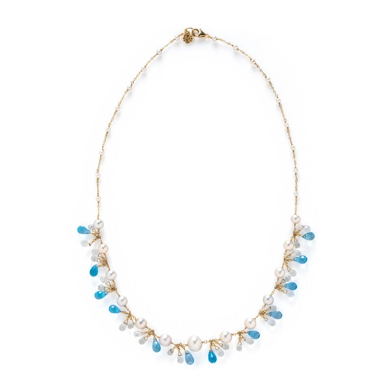 MELINDA LAWTON, CULTURED PEARL, BLUE TOPAZ, AND ROCK CRYSTAL QUARTZ NECKLACE: MELINDA LAWTON, CULTURED PEARL, BLUE TOPAZ, AND ROCK CRYSTAL QUARTZ NECKLACE Cultured pearls measuring approximately 3.70 - 10.70 mm, and briolette cut blue topaz and rock crystal quartz.