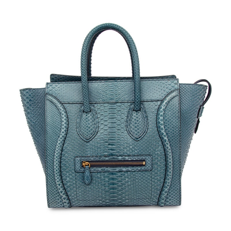 CELINE, BLUE PYTHON LUGGAGE BAG: CELINE, BLUE PYTHON LUGGAGE BAG 'Mini' Luggage bag in blue python skin. Zipper closure and rolled handles. Label: Celine Style/Serial No.: F-GA-0164 Date: 2014 Country of Origin: Italy App