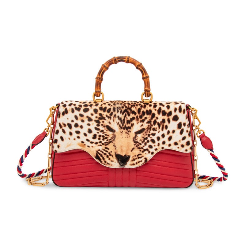 GUCCI, JAGUAR-PRINT PONY & BAMBOO BAG: GUCCI, JAGUAR-PRINT PONY & BAMBOO BAG Jaguar Bamboo flap bag in jaguar-printed pony hair and quilted crimson leather. Push-lock closure, bamboo handle, removable metal chain and twisted cord