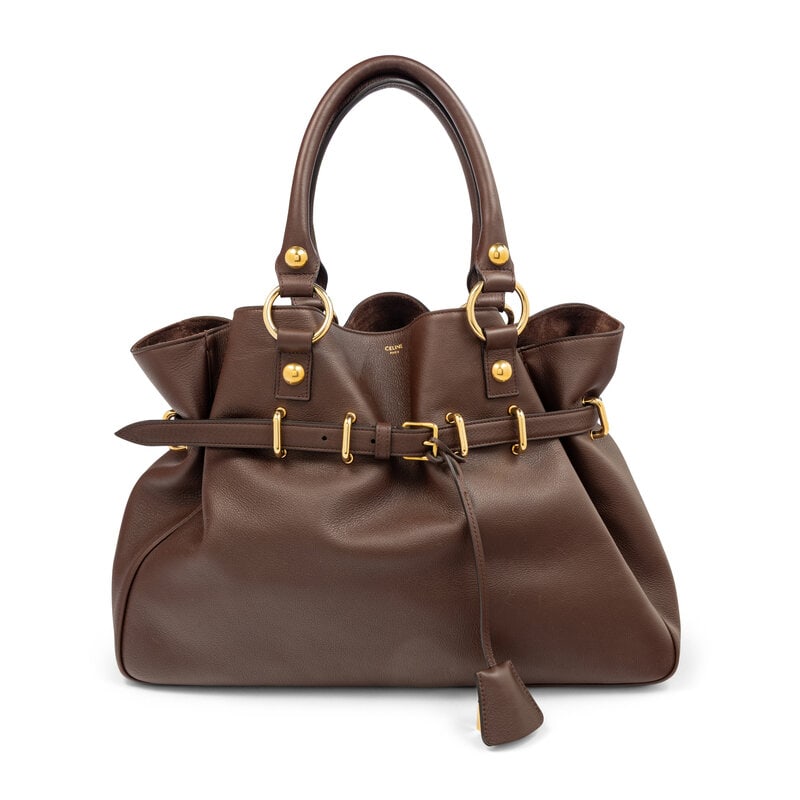 CELINE, BROWN ANITA BAG: CELINE, BROWN ANITA BAG Medium Anita bag in brown calfskin leather. Open top and rolled leather handles. Label: Celine Style/Serial No.: F-CE-2223 Date: 2023 Country of Origin: Italy Approximate
